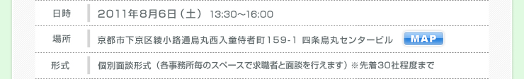 京都 2010年8月6日（土）13:30～16:00 場所 京都市下京区綾小路通烏丸西入童侍者町159-1 四条烏丸センタービル 形式 個別面談形式 （各事務所毎のスペースで求職者と面談を行えます） ※先着30社程度まで