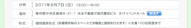 東京 2011年8月7日（日）13:00～16:00 場所 東京都中央区銀座8-21-1 住友不動産汐留浜離宮ビル　B1Fイベントホール 形式 個別面談形式 （各事務所毎のスペースで求職者と面談を行えます） ※先着100社程度まで